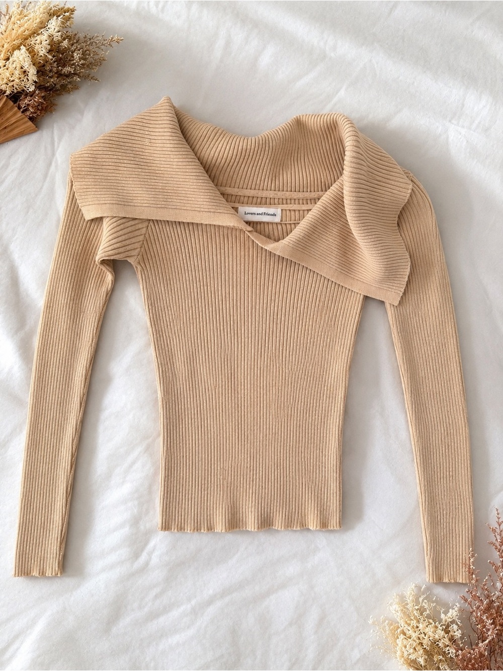 Lovers + Friends Beige Ribbed Off-Shoulder Foldover Sweater